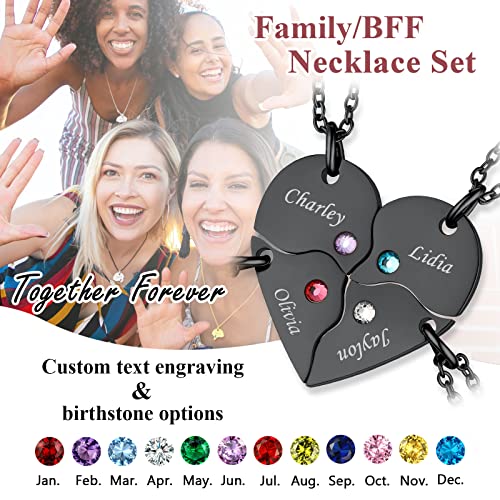 4 Piece Matching Friendship Heart Necklaces Customized Black BFF Necklace Set with Birthstones Personalized Best Friend Name Puzzle Pendants Stainless Steel Engraved Jewelry Gift for Family