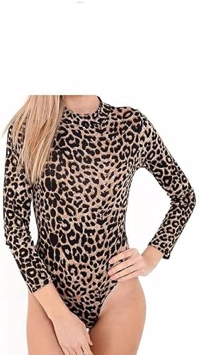 Image of P&R DANCEWEAR LTD Ladies Turtle Neck Bodysuit Ladies Long Sleeve Stretchy Printed Leotard Stylish and Comfortable Brown Leopard M-L