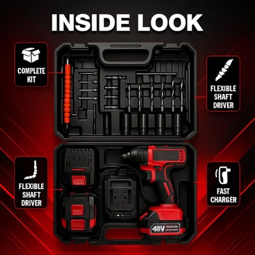 Image of STARQ 4-in-1 Cordless Impact Wrench /Driver Drill 48V, 850Nm Torque, 2x5.0Ah Li-ion Batteries, Variable Speed, LED Light | 30-Piece Kit of Sockets & Bits, Fast Charger & Carry Case.