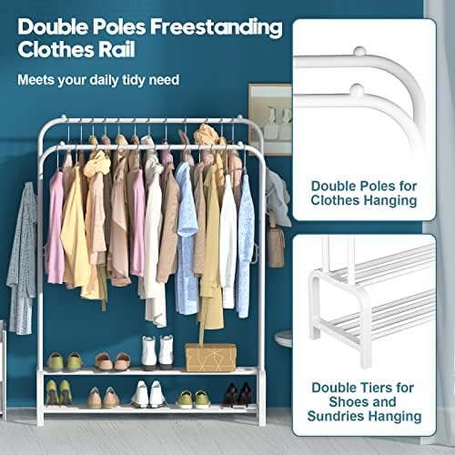 ZHZIRO Metal Clothes Rail Double Pole Coat Rack Freestanding Garment Rack Hanger With 4 Side Hooks and 2-Tier Lower Storage Shelf for Bedroom Home Office Indoor (White)