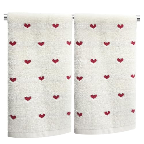 YIXAXKAO 2 Pieces Valentines Day Hand Towels for Bathroom Red Pink Heart Cotton Bathroom Decorative Towels Set for Valentines Bathroom Decor Gift 13.7 x 29.5 Inch (White)