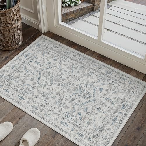 PureCozy Vintage Zerbino Ingresso Interno Tappeto 60x90cm Blu Camera da Letto Antiscivolo Lavabile Tappeti Scendiletto Ufficio Piccolo Carpet Pelo Corto Morbido Rug