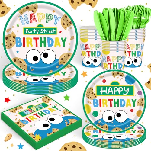 120PCS Cookie Party Supplies for Baby Boys Girls 1st 2st Birthday Party Monster Themed Tableware Set Napkin Cups Forks Knives for 20 Guests