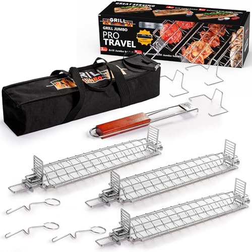GRILL JUMBO Grill Basket Set (3 Pack) – Adjustable Stainless Steel Grilling Baskets with Rotating Handle – Fish, Vegetable & Meat Grill Basket for Charcoal & Gas BBQ – Gift for Men & Dad
