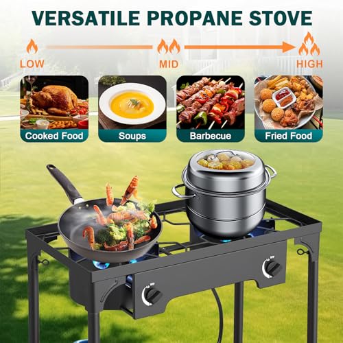 2-Burner-Propane-Stove-150000BTU-Propane-Burners-for-Outdoor-Cooking-with-0-20-PSI-Adjustable-Regulator-and-4ft-Hose-Outdoor-Propane-Gas-Stove-for-Patio-Backyard-Camping-with-Detachable-Stand-Legs