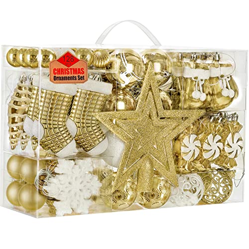 128 Pcs Christmas Ball Ornament Set, Soledi Assorted Christmas Ornaments, Shatterproof Decorative Baubles For Xmas Tree Decor, Gift Package With Reusable Hand For Christmas Decorations, Gold #TOP7