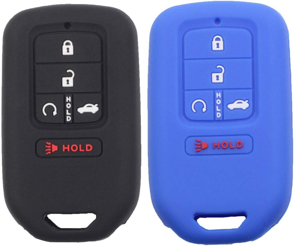 2Pcs Silicone Full Protective Key Fob Remote Cover Case Skin Jacket Compatible with Honda 2019 2020 2021 Civic Accord Pilot CR-V Insight Passport 5 Buttons Smart Key Black Blue