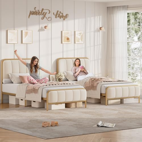 Image of HITHOS Twin Size Bed Frame with Button Tufted Headboard, Upholstered Heavy Duty Metal Mattress Foundation with Wooden Slats, Easy Assembly, No Box Spring Needed (Golden /Off White, Twin)