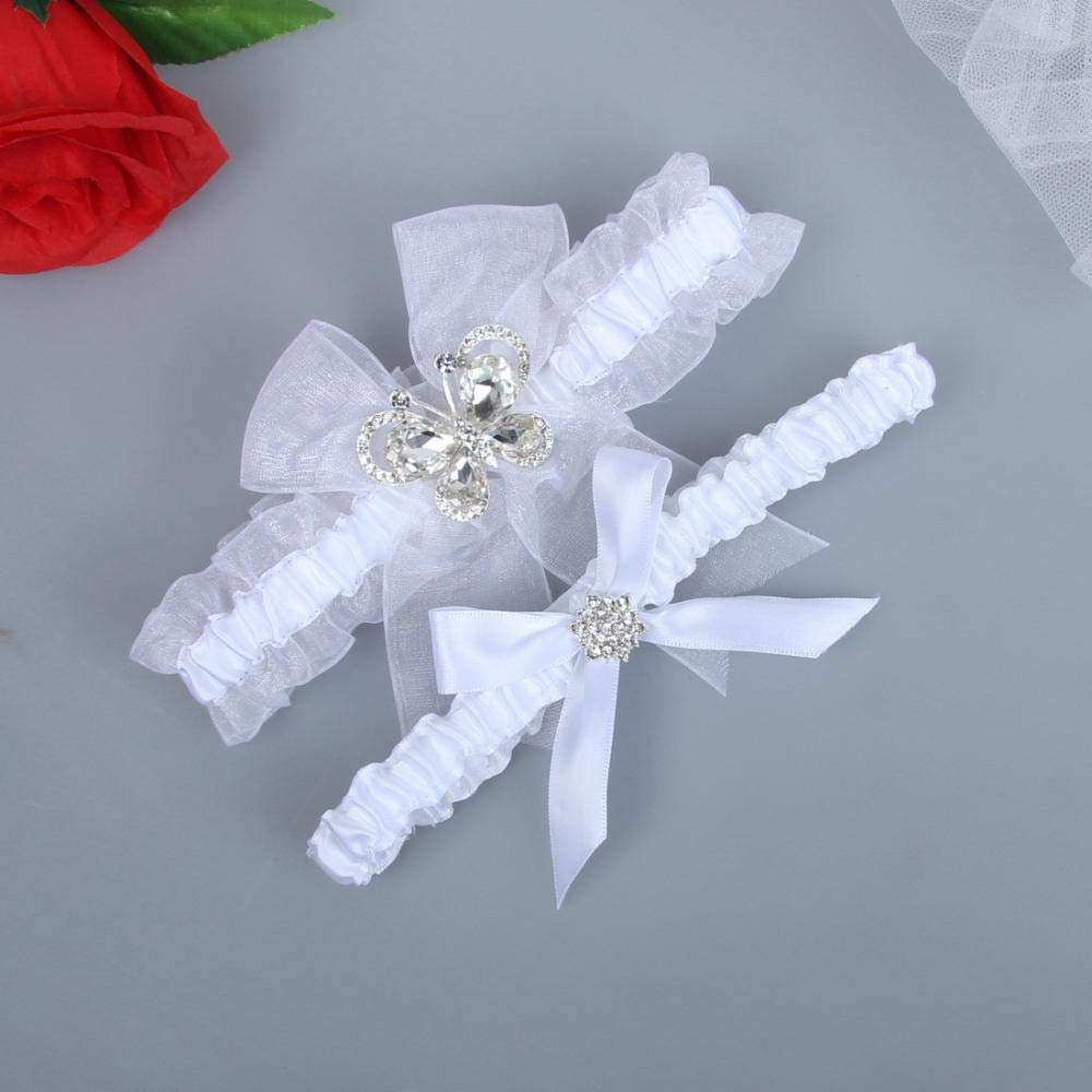 Giarrettiera Elasticizzata con Fiocco in Pizzo, Gamba da Sposa Elasticizzata con Nodo di Diamanti in Vetro con Reggicalze-Bianco 5 Pezzi_L, Giarrettiera Elasticizzata con Fiocco in Pizzo (Bianco 5