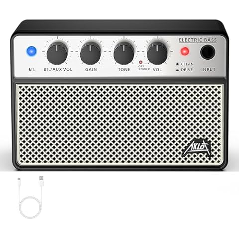 AKLOT Mini Bass Amp Small Bass Guitar Amplifier 10W Portable Recharged Electric Bass Amp BT Speaker with Dual Channel & Aux in Jack (Cream-Colored) Cover