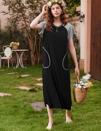 Image of Ekouaer Long Nightgown Women's Loungewear Short Sleeve Sleepwear Full Length Sleep Shirt with Pockets