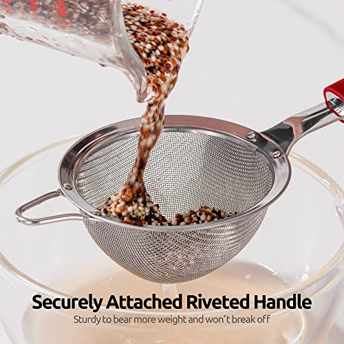 Image of 18 /8 Stainless Steel Mesh Strainer: U-Taste 3.9 Inch Kitchen Fine Mesh Sieve Food Colander with Riveted Sturdy Silicone Handle and 30 Mesh Hole for Straining Flour, Quinoa, Tea, Juice (Red)