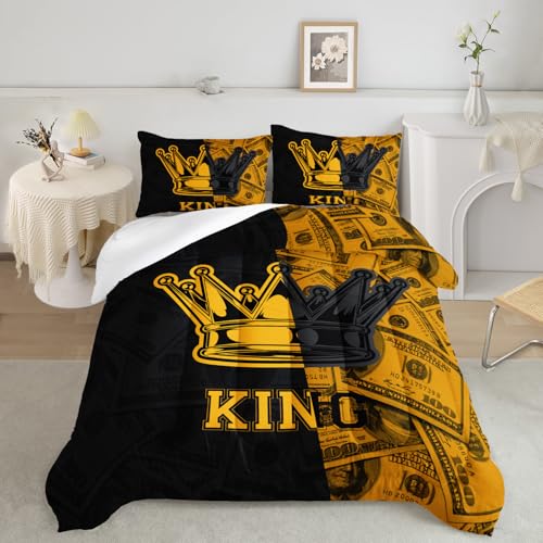 Image of AILONEN Black and Gold Printed Couple Full Bedding Set,King and Queen Crown Comforter Set,3-Piece King Money Pattern Dollar Design Quilt Set for Adults Men Women,1 Comforter with 2 Pillowcases