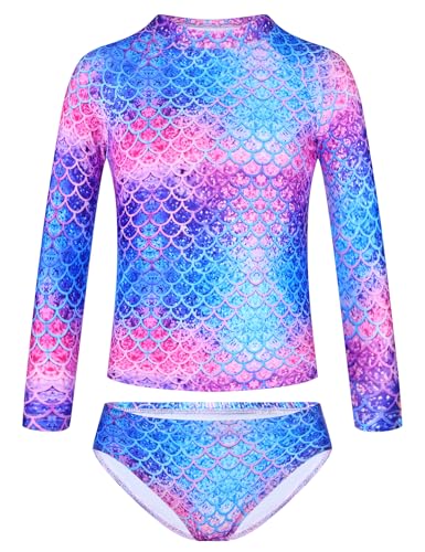 Image of TENVDA Girls Swimsuit Long Sleeve Rash Guard Sets UPF 50+ Two Piece Bathing Suits Size 3-12 Years