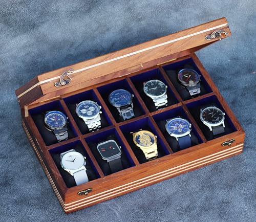 Image of Watch box for women & men, Wooden organizer, Handmade Holder For Men, Custom Valet Box with Brass Lock, Christmas, Anniversary, Valentine;s Day, Father's Day (brown 10 slots)
