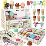 Wooden Ice Cream Set for Kids: 46 PCS Wooden Ice Cream Counter Shop Pretend Play Kitchen Food Toys, Children Role Play Kitchen Accessories Playset for 3 4 5 6 Year Old Girls Boys Birthday Gifts