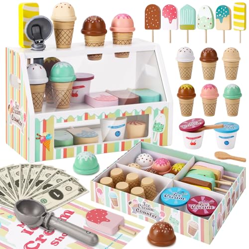Wooden Ice Cream Toys for Kids Pretend Play Kitchen Food Toys with Scoop & Menu & Fake Money, Ice Cream Counter Shop Playset for 3 4 5 6 Year Old Girls Boys Birthday Gifts