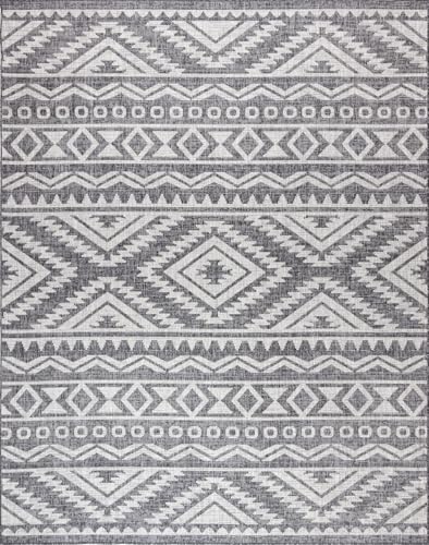 Gertmenian Indoor Outdoor Area Rug, Classic Flatweave, Moroccan Collection II, Stain & UV Resistant Carpet, Deck, Patio & Mudroom, 9x13 Extra Large, Gray Beige Abstract Tribal Dimension, 19492