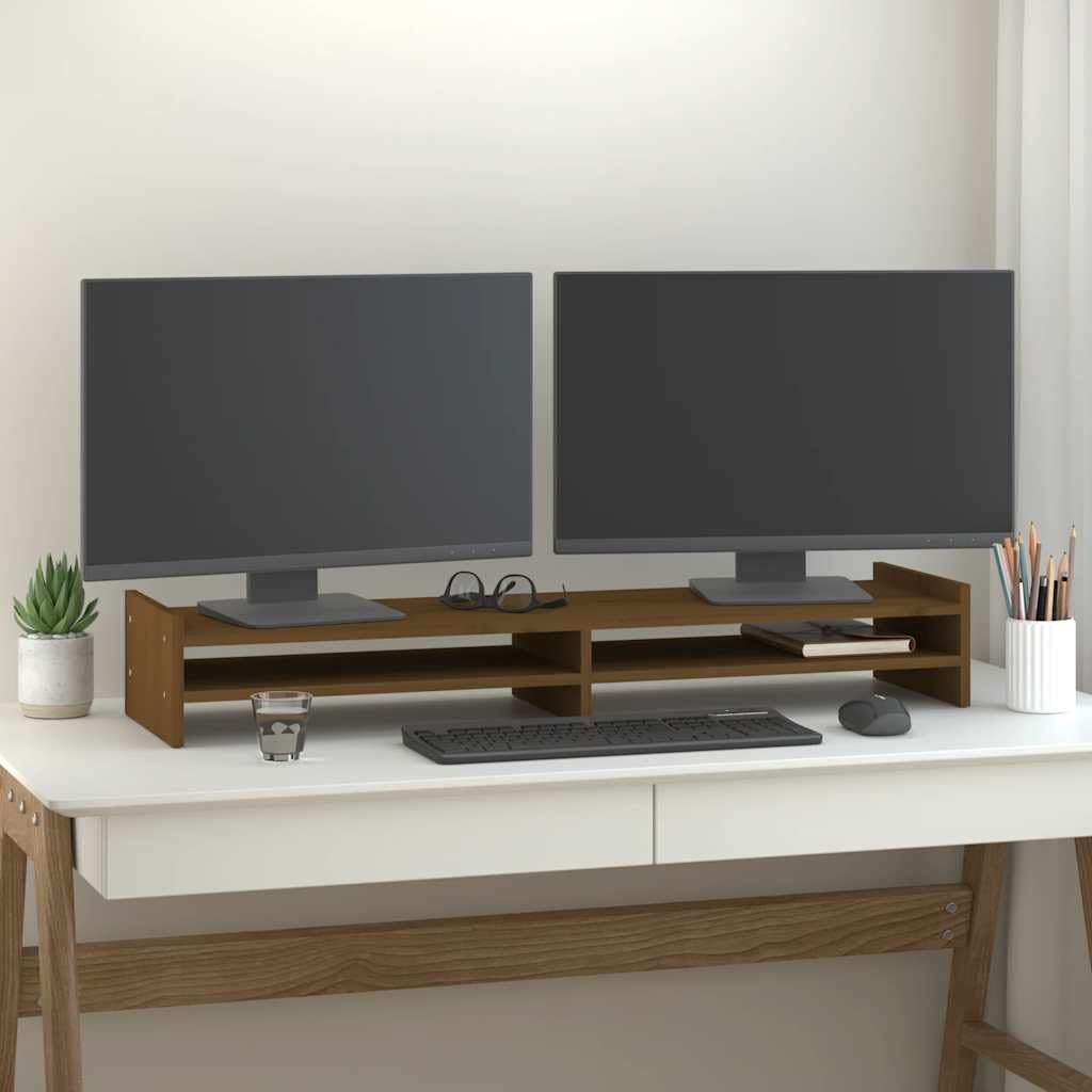 Support de moniteur en bois de pin massif marron miel, meuble de bureau stable durable