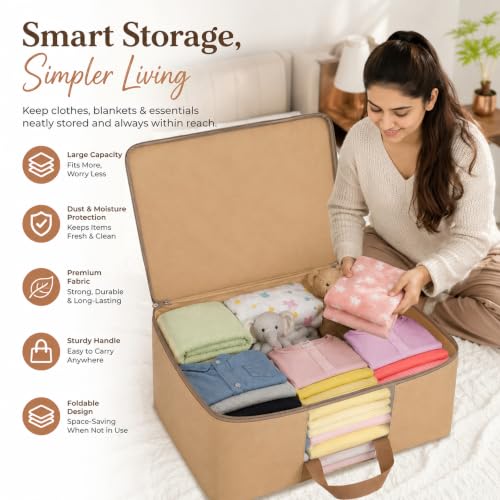 Image of Storite Canvas Underbed Storage Bag with Zipper, Clear Window & 4 Reinforced Handles | Blanket, Rajai, Quilt, Pillow, Bedsheet & Seasonal Clothes Organizer | Foldable Dustproof Storage Bag| Cream | With 4 Reinforced Handles for Rajai, Quilt, Blanket, Pillow, Saree, Bedsheet & Seasonal Clothes | 63 x 48 x 23 cm-Cream