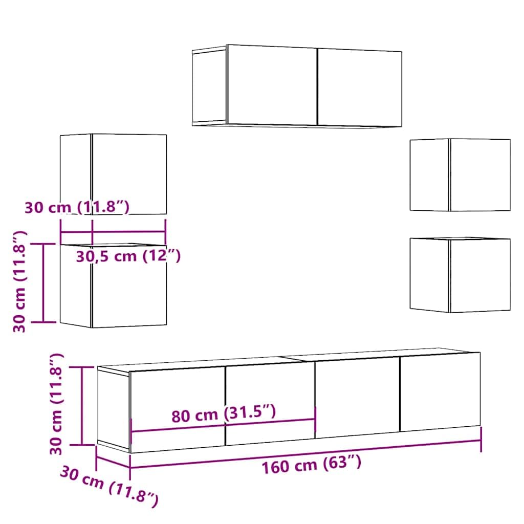 7-TLG. TV-Schrank-Set Wandmontage Artisan-Eiche Holzwerkstoff, 80x30x30cm, modernes Media-Center für Wohnzimmer, stabil & langlebig