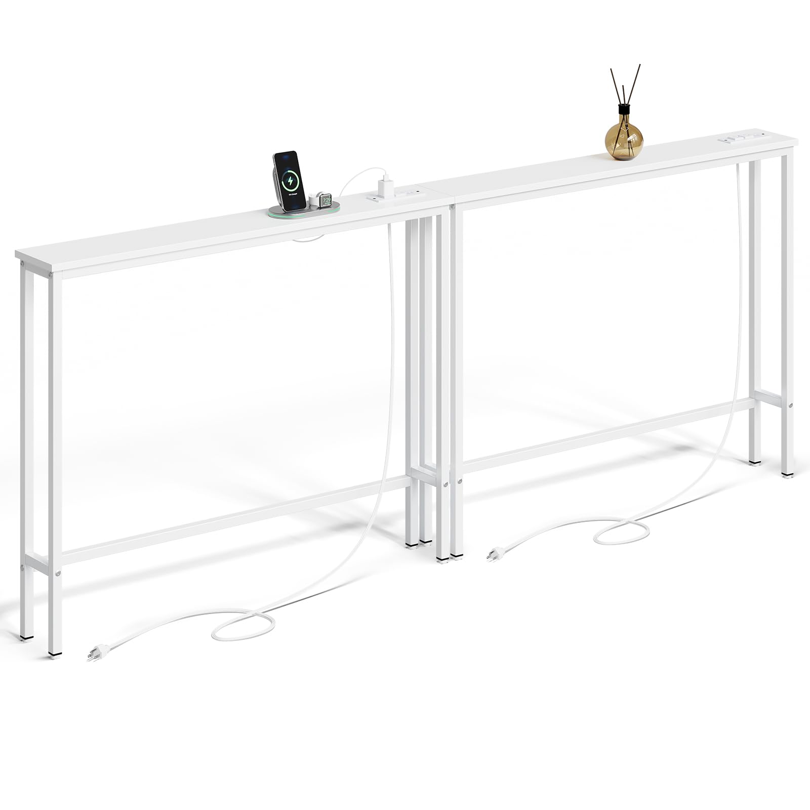 elyken 2 pack 5.9" narrow console sofa table with power outlets, 5.9" dx39.4 wx31.1 h long couch table with metal frame and charge station with 6.5’ extension cord, white