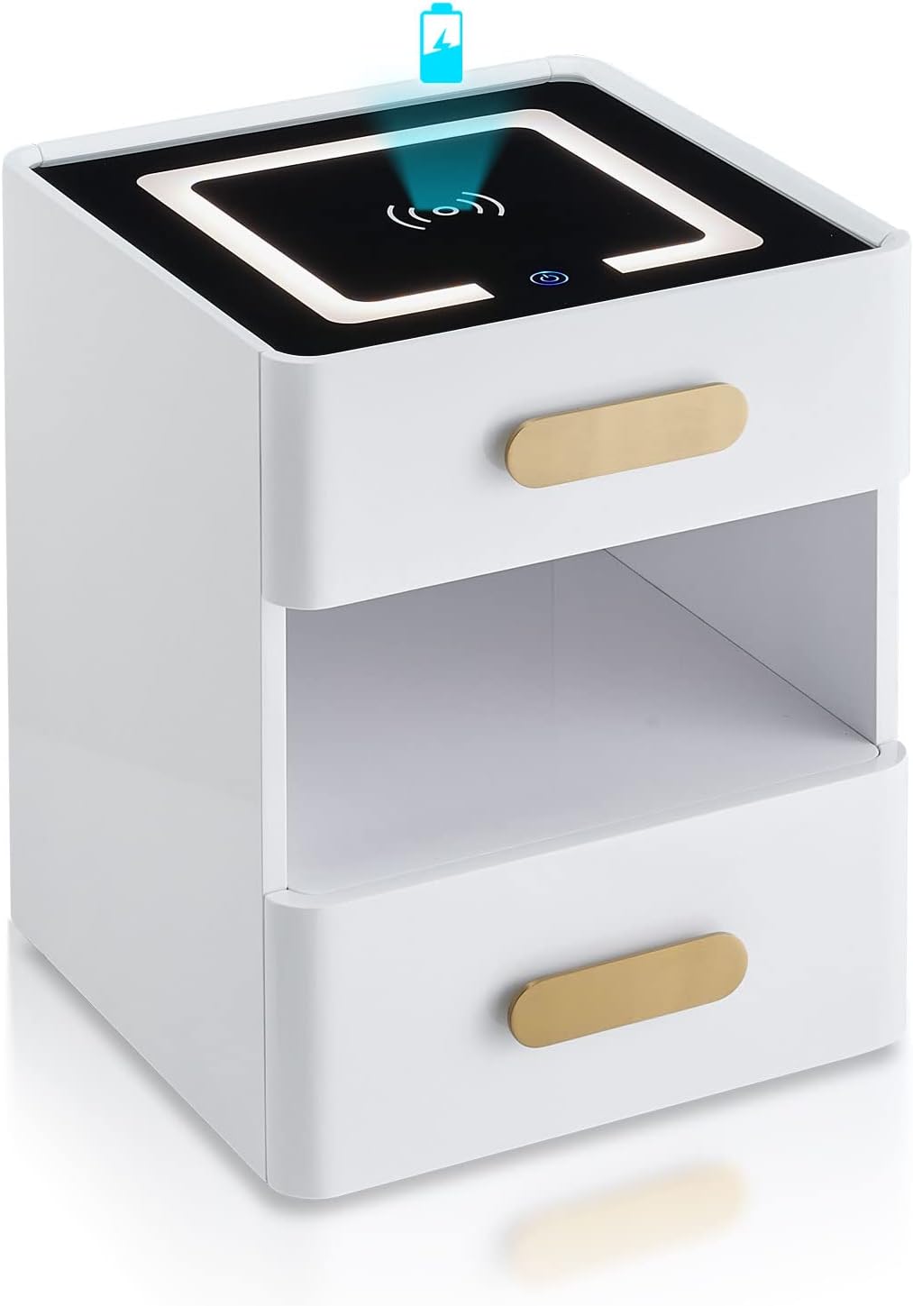 TUKAILAi White High Gloss Bedside Table with Smart Wireless Charger