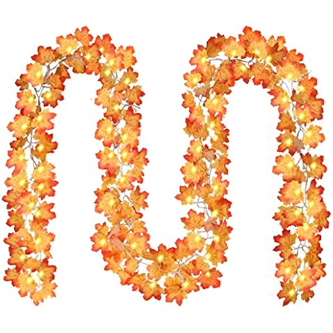 CQURE Artificial Autumn Fall Maple Leaf Garland, 10M 80LEDs Hanging Vine Garland Artificial Autumn Foliage Garland Thanksgiving Decor for Home Wedding Fireplace Party Christmas Cover