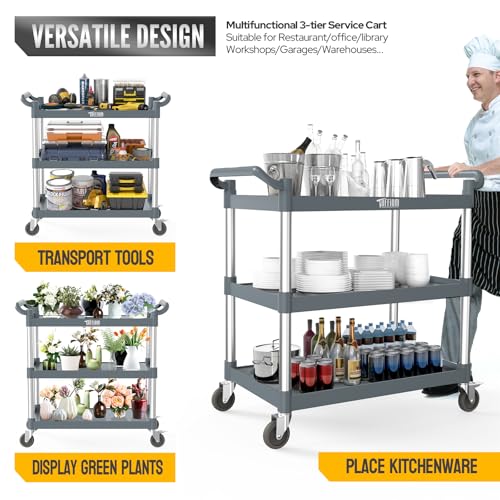 TUFFIOM Plastic Service Utility Cart with Wheels,Heavy Duty 450lbs Capacity, 3-Tier Commercial Rolling, Ideal for Restaurant, Foodservice, Office, Warehouse, Gray 39.8\'\'L x 19.1\'\'W x 38.4\'\'H