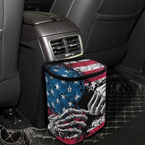 Image of Talayituse Finger Skeleton American Flag Print Car Trash Can Portable Auto Garbage Bin Multifunctional Vehicle Interior Accessories with Adjustable Straps 4th of July Universal Fit Truck SUV Sedan