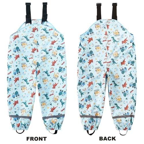 Image of Toddlers Waterproof Rain Bib Pants, Boys Girls Rain Pants Kids Cartoon Rain Trousers Lightweight Mud Pants Rainwear