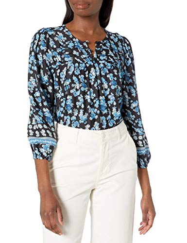 Lucky Brand Women's 3/4 Sleeve Crew Neck Printed Alexis Popover Top, Black Multi, M