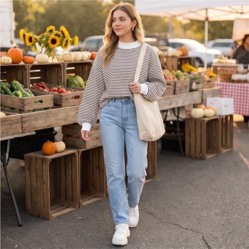 Mock Neck Sweatshirt for Women Striped Oversized Fall Pullover Tops - image 2