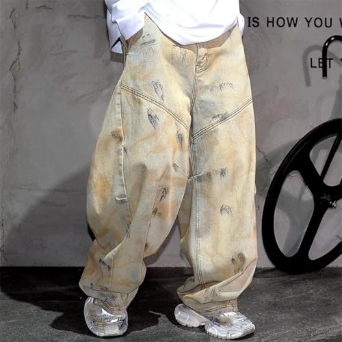 Men’S Hip Hop Loose Fit Heavyweight Baggy Harem Denim Pants Button Fly Distressed Wash Skate Graffiti Streetwear Cargo2