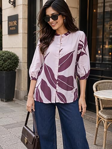 Image of NAINVISH Printed Top Short Sleeve Button Down V Neck Lightweight Soft Fabric Casual Office Summer Stylish Patterned Womens Comfort Fit Regular Top