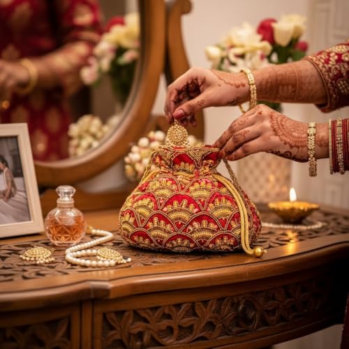 Image of Women's Embellished Zari & Pearl Velvet Potli Bag - Elegant Traditional Handcrafted Clutch for Weddings & Festive Occasions