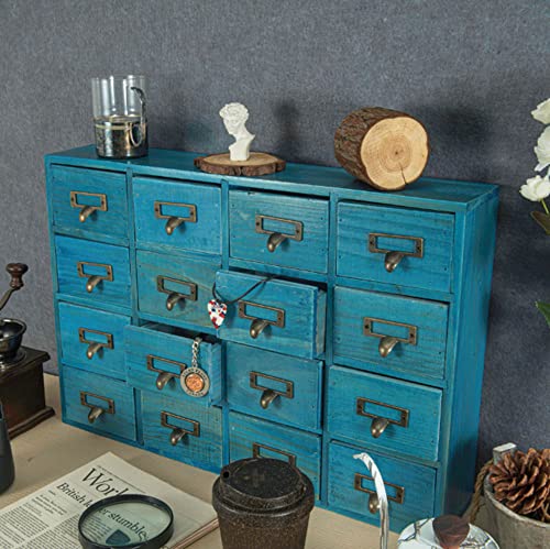Packgilo 16 Drawers Apothecary Cabinet With Drawers Tabletop Apothecary Chests And Cabinets Library Card Catalog Cabinet Herb Storage Box Wooden Desk Drawer Organizer Medicine Vintage Furniture (Blue) #TOP1