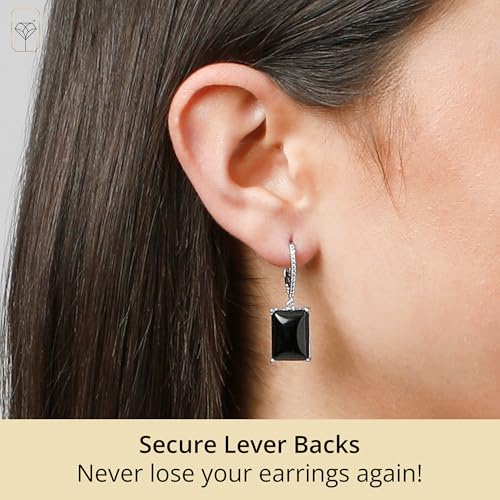 Emerald Cut Gemstone Dangle Earrings for Women in 925 Sterling Silver with Leverback and White Topaz Halo Accents 14mm Birthstone by MAX + STONE2