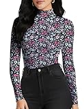 YumiDay Women Mock Turtleneck Tee Shirts Long Sleeve(Black Floral,S)