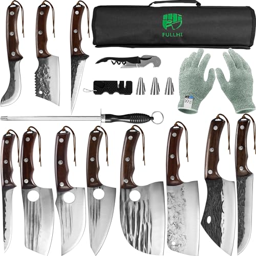 FULLHI Ensemble de 17 couteaux de chef boucher comprenant fourreau Acier à haute teneur en carbone Couteau de cuisine Couperet de légumes avec tang complet Sac de couteau pour barbecue et camping à