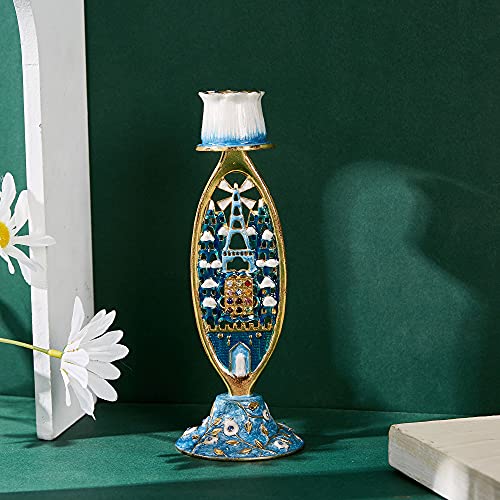 Matashi Shabbat Candlestick Holder (2-Piece Set) Hand-Painted, Gold-Plated Pewter Tall, Vintage Craftsmanship Adorned W/Jerusalem Cityscape And Priestly Breastplate Design Jewish Holiday Decor #TOP4