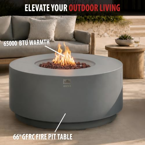 Image of AMS Round Concrete GFRC Propane Gas Fire Pit Table (Light Gray)
