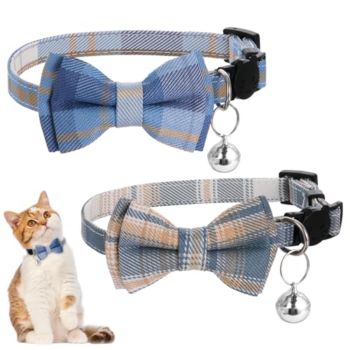 Xyembu 2Pcs Cat Collar Breakaway Cute Plaid Cats Collar with Bells Soft Adjustable Kitten Accessories Cat Bowtie Collar with Cat Buckle for Kitten Puppy and Small Pets