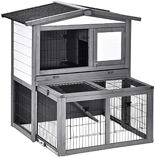 PawHut 2 Tier Wooden Rabbit Hutch Guinea Pig Hutch Small Animal Cage Slide Out Tray Ramp Outdoor Run Openable Roof Grey 101.5 x 90 x 100 cm