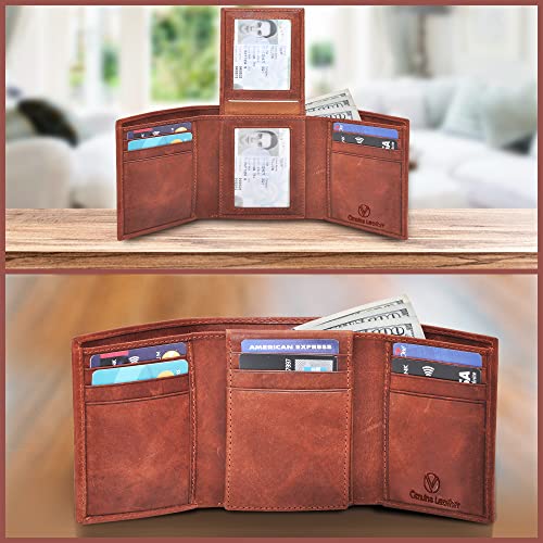 VALENCHI Leather Trifold Wallet For Men - RFID Blocking - 9 Card Slots, 2 Note Compartments & 1 ID Window - Minimalist Design, Slim Wallet - Premium, Fashionable Accessory Gifts for Men, Him2
