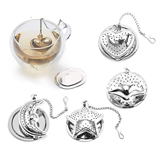 Boules à Thé Acier Inoxydable, 4 Pièces Passoire à Thé avec Chaîne, avec Plateau, Boule à thé Coeur, pour Tasse à Thé, Théière(étoile, Lune, éventail, Forme de Cœur) Cover