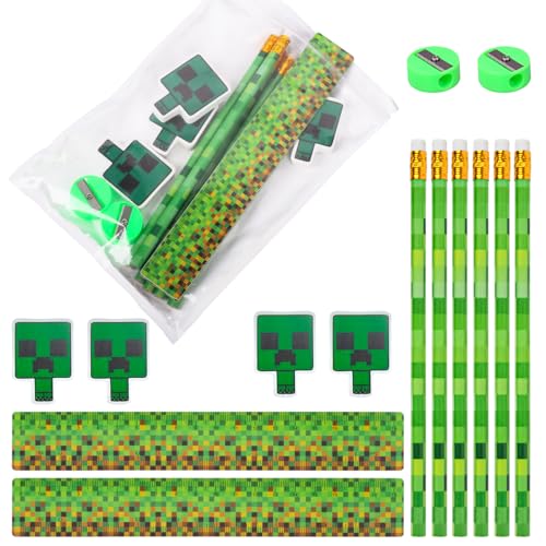Unvtap Pixel Schreibwaren Set 14 Stück Miner Bleistifte mit Radiergummi Lineal Anspitzer Pixel Stifte Set für Schulanfang Geschenk & Miner Theme Gastgeschenke für Geburtstag