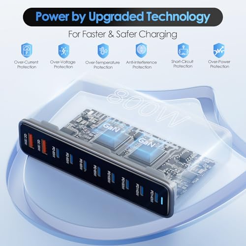 Image of 800W USB C Charger Block, 10 Port Charging Station, GaN Ⅲ Charging Station for Multiple Devices, Travel Charger for Multiple Devices, USB C Charging Hub Compatible with MacBook iPhone iPad Dell