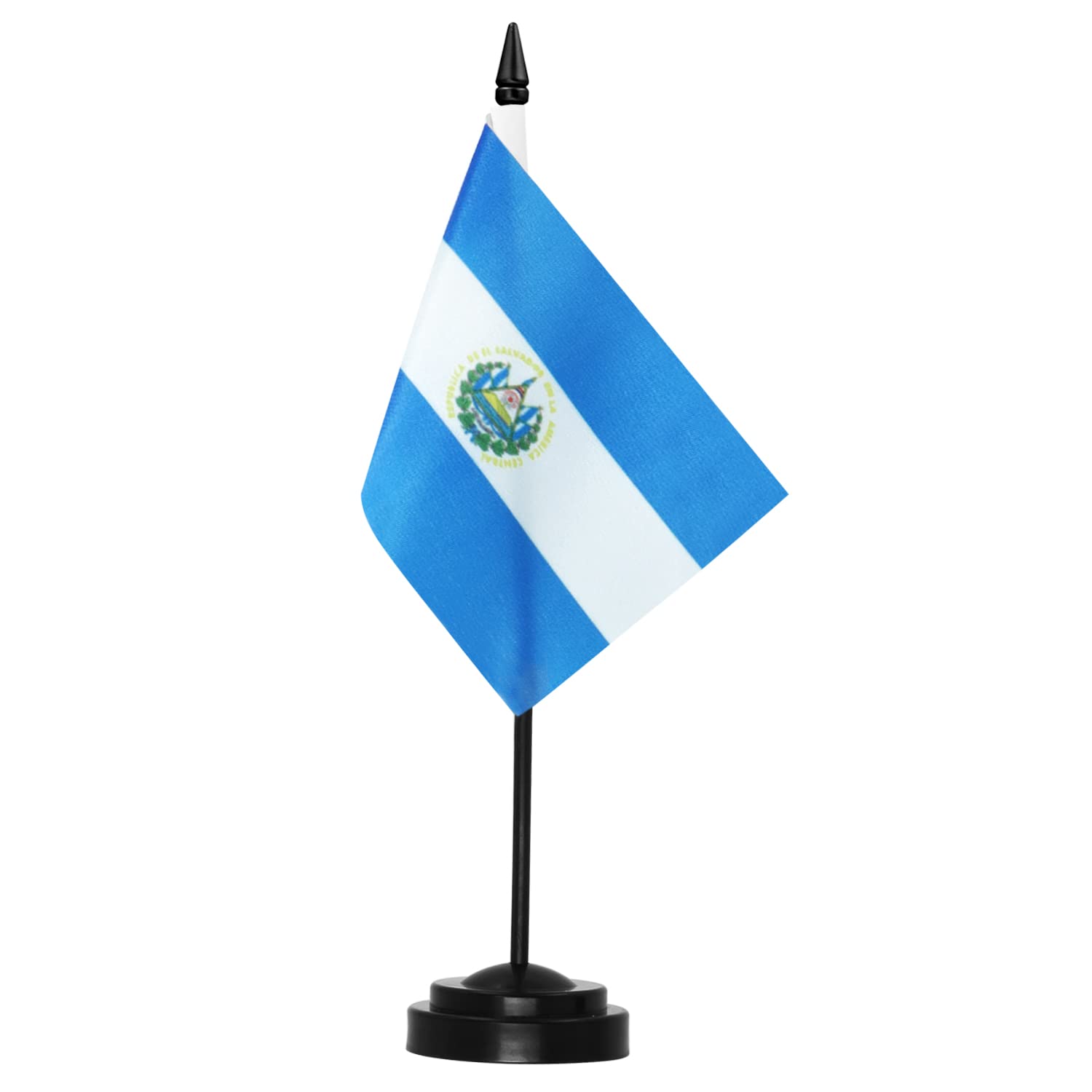 Anley El Salvador Deluxe Desk Flag Set - 6 x 4 Inch Miniature Salvadoran SV Desktop Flag with 12" Solid Pole - Vivid Color and Fade Resistant - Black Base and Spear Top