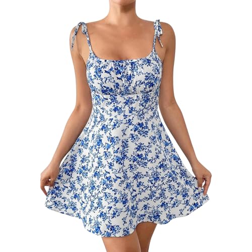 Sommerkleid Damen Kurz Boho Vintage Blumenkleid Ärmellos Spaghettiträger Strandkleid A-Linie Quadratischer Ausschnitt Minikleider Elegant Tunika...